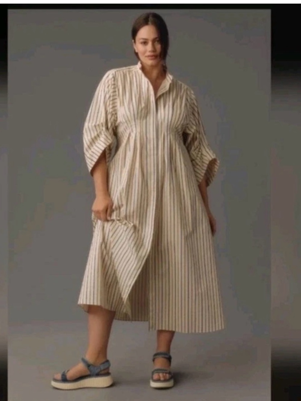 Mare Mare by Anthropologie Striped Cream Midi Shirt Dress with Black Pinstripes
